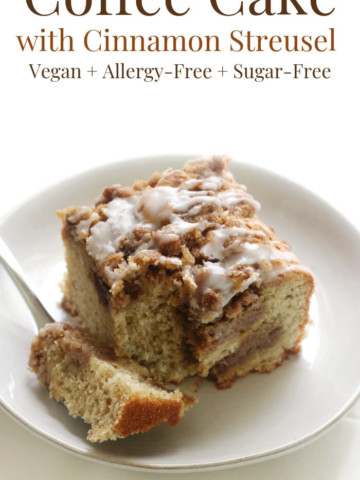 slice of gluten-free coffee cake with cinnamon streusel fork bite