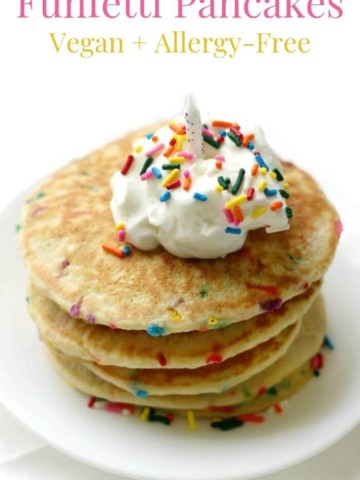 gluten-free funfetti pancakes stack with a candle