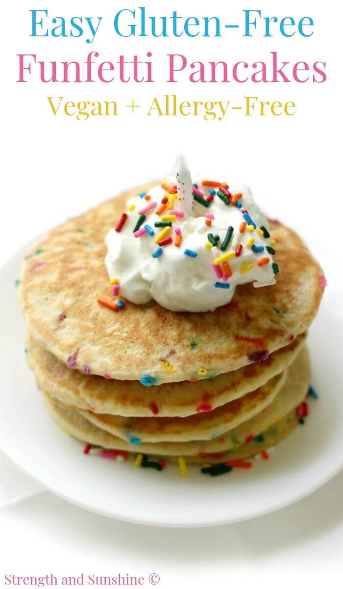 gluten-free funfetti pancakes stack with a candle