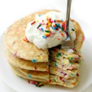front view of gluten-free vegan funfetti pancakes with fork