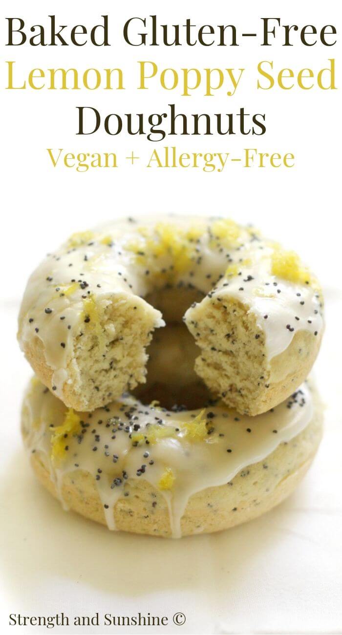 two gluten-free lemon poppy seed doughnuts stacked
