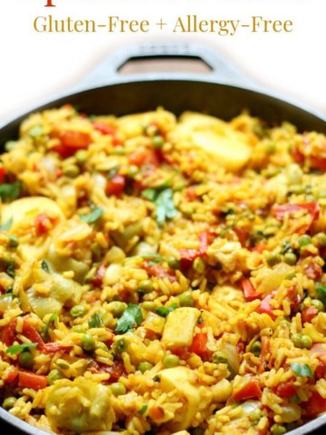 vegan paella in a cast iron skillet