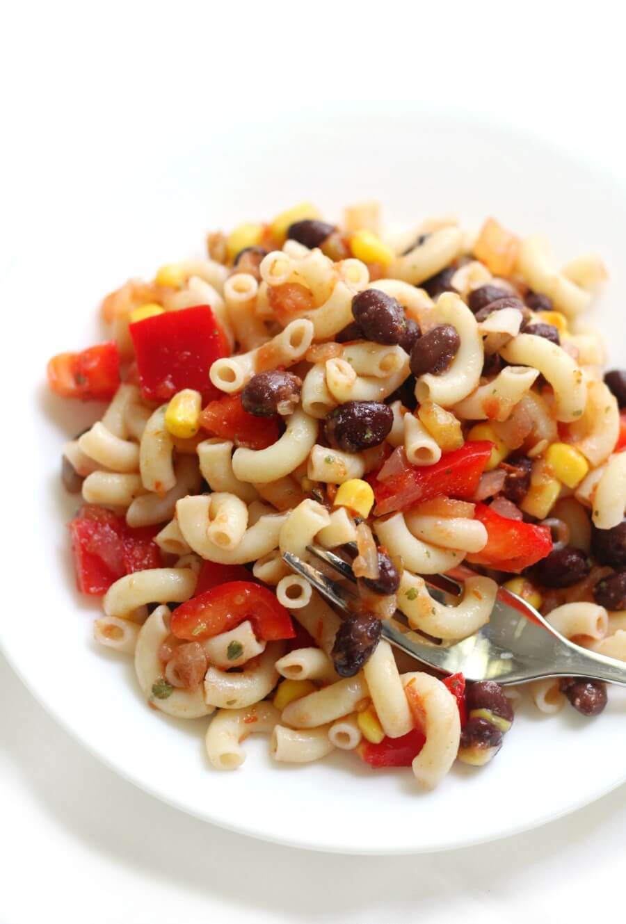 plate of gluten-free Mexican pasta salad with fork