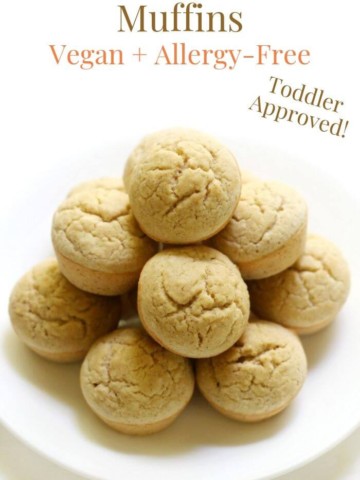 pyramid pile of gluten-free mini applesauce muffins on white plate with image text