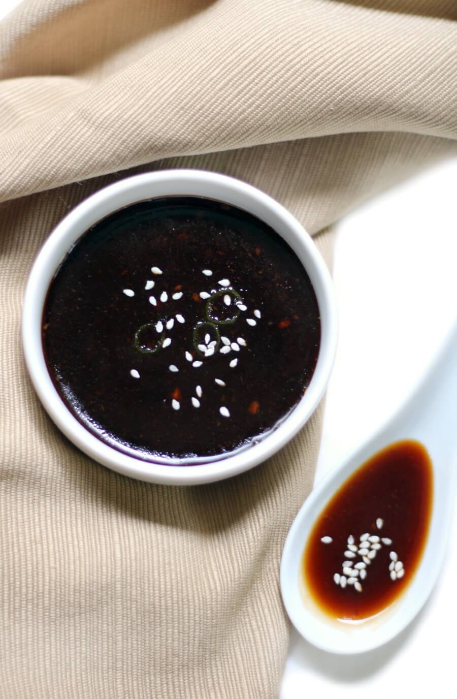 easy homemade teriyaki sauce overhead view of bowl and spoon