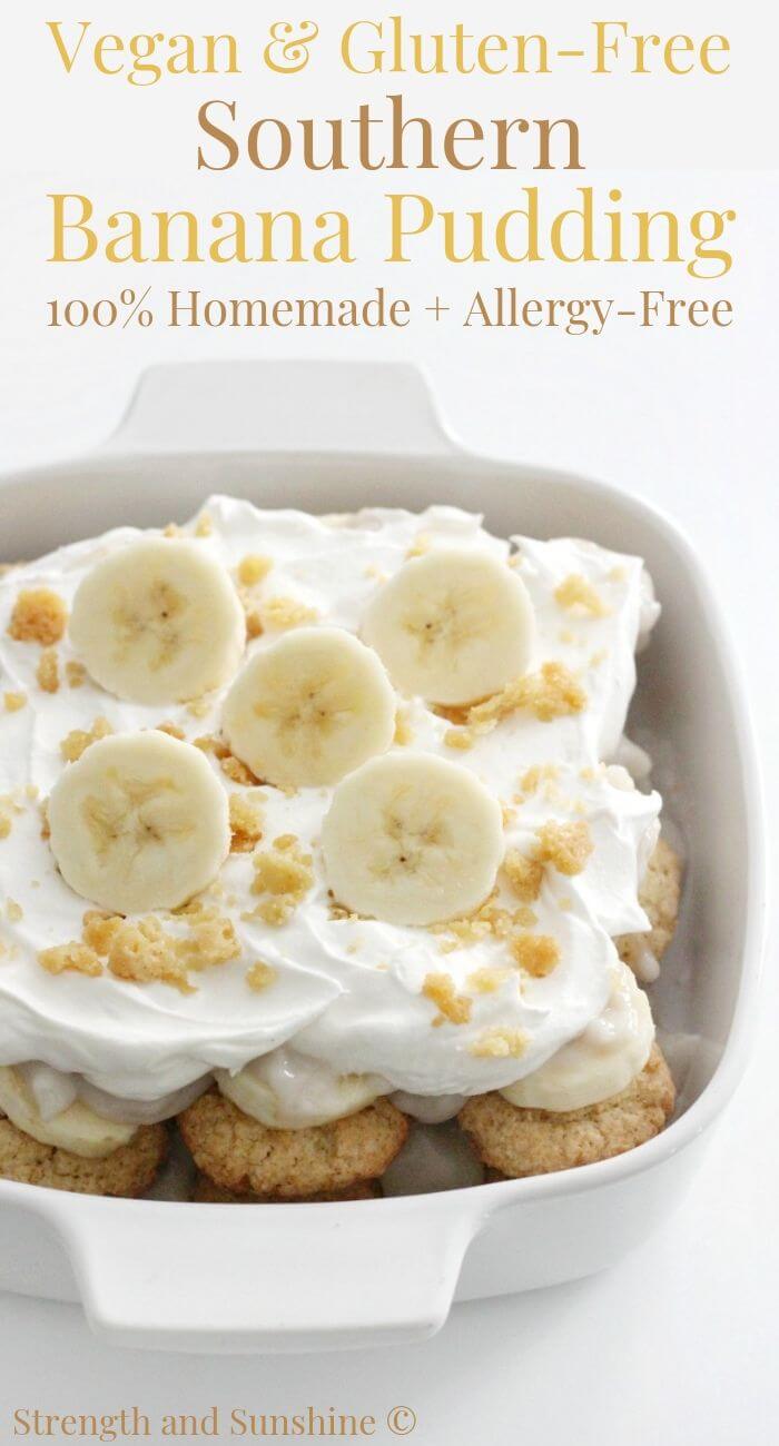 casserole dish of vegan southern banana pudding with image text