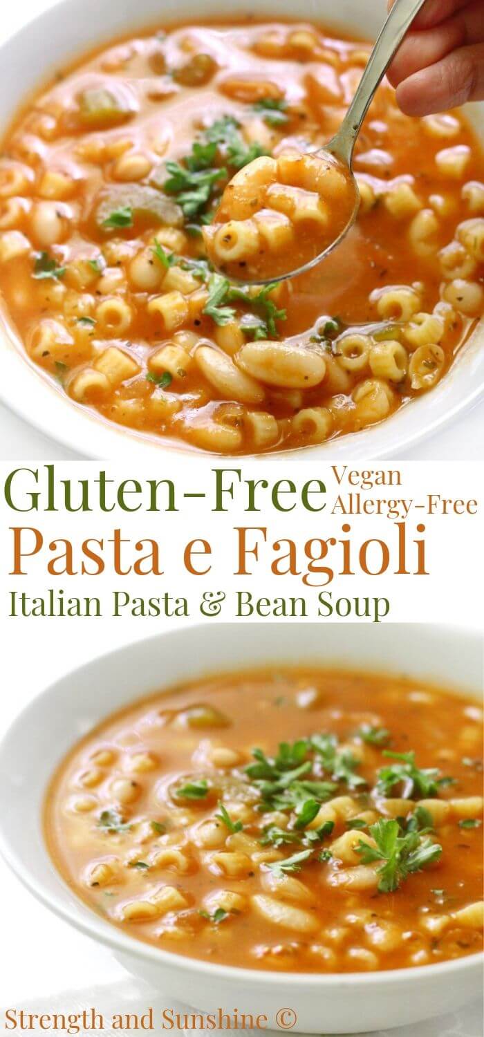 collage image of pasta e fagioli soup with overlay text