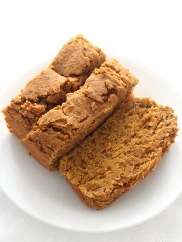 overhead view of three slices of gluten-free pumpkin bread