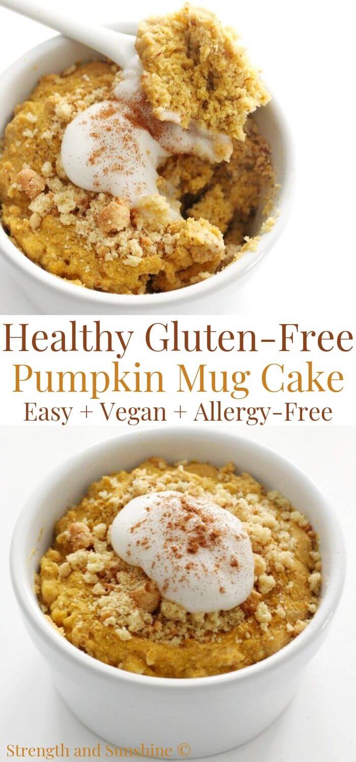 collage image of gluten-free pumpkin mug cake with image text