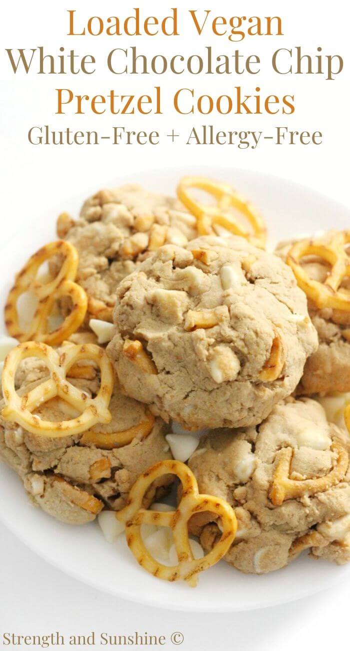 plate of vegan white chocolate chip pretzel cookies with image text