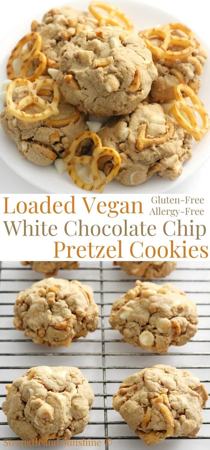 collage image of vegan white chocolate chip pretzel cookies with image text