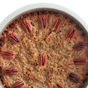 overhead view of crustless pecan pie without corn syrup and image text