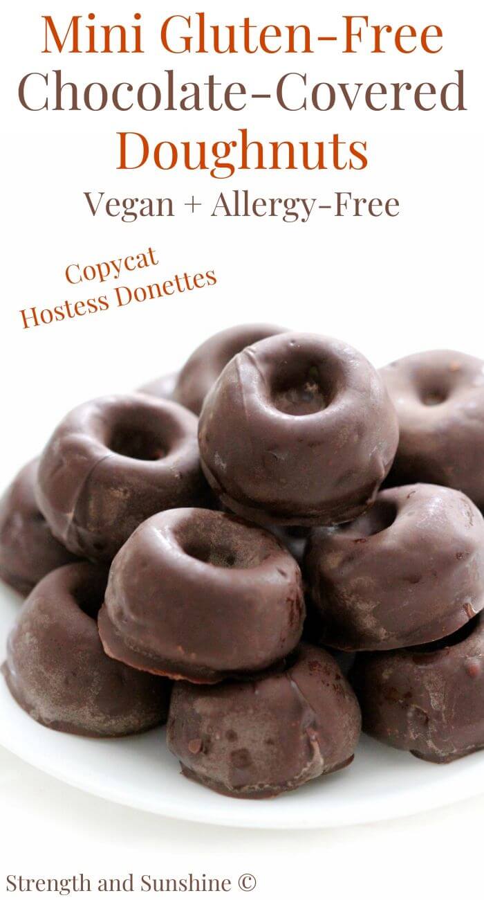 gluten-free chocolate-covered mini doughnuts with image text