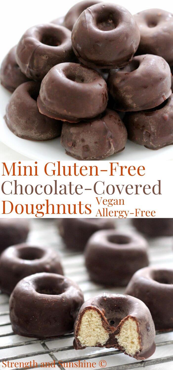 college image of gluten-free chocolate-covered mini doughnuts with image text