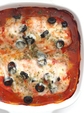 overhead view of dairy-free pizza chicken bake in casserole dish