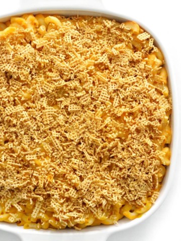 overhead half view of baked vegan mac & cheese