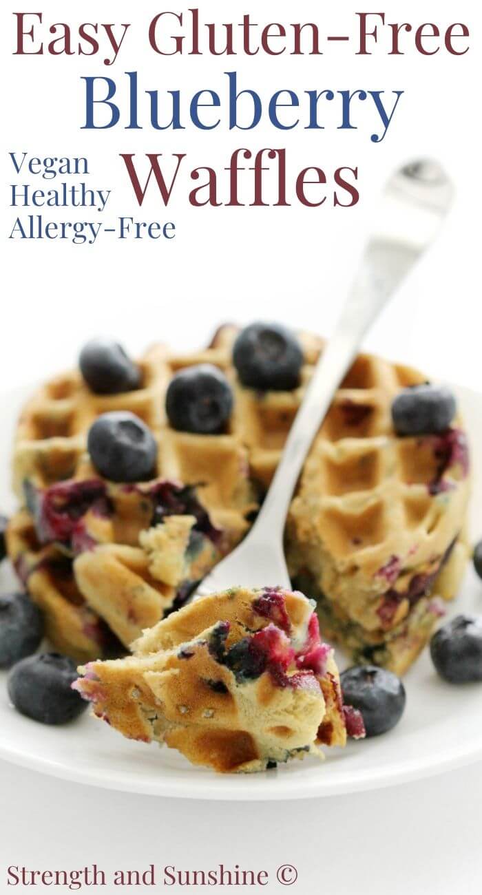 gluten-free blueberry waffles with forkful image text
