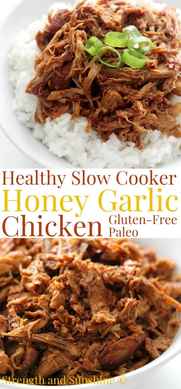 collage image of slow cooker honey garlic chicken with image text