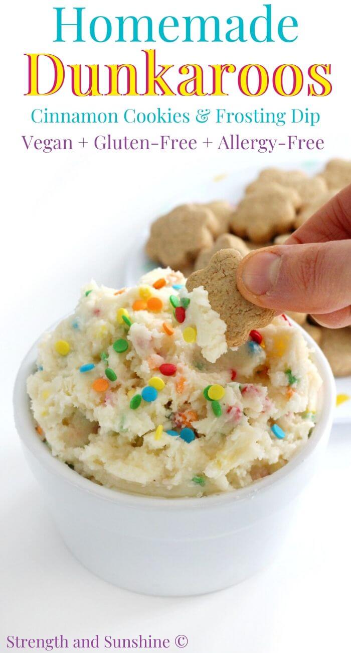 dunking homemade dunkaroos in frosting dip with image text