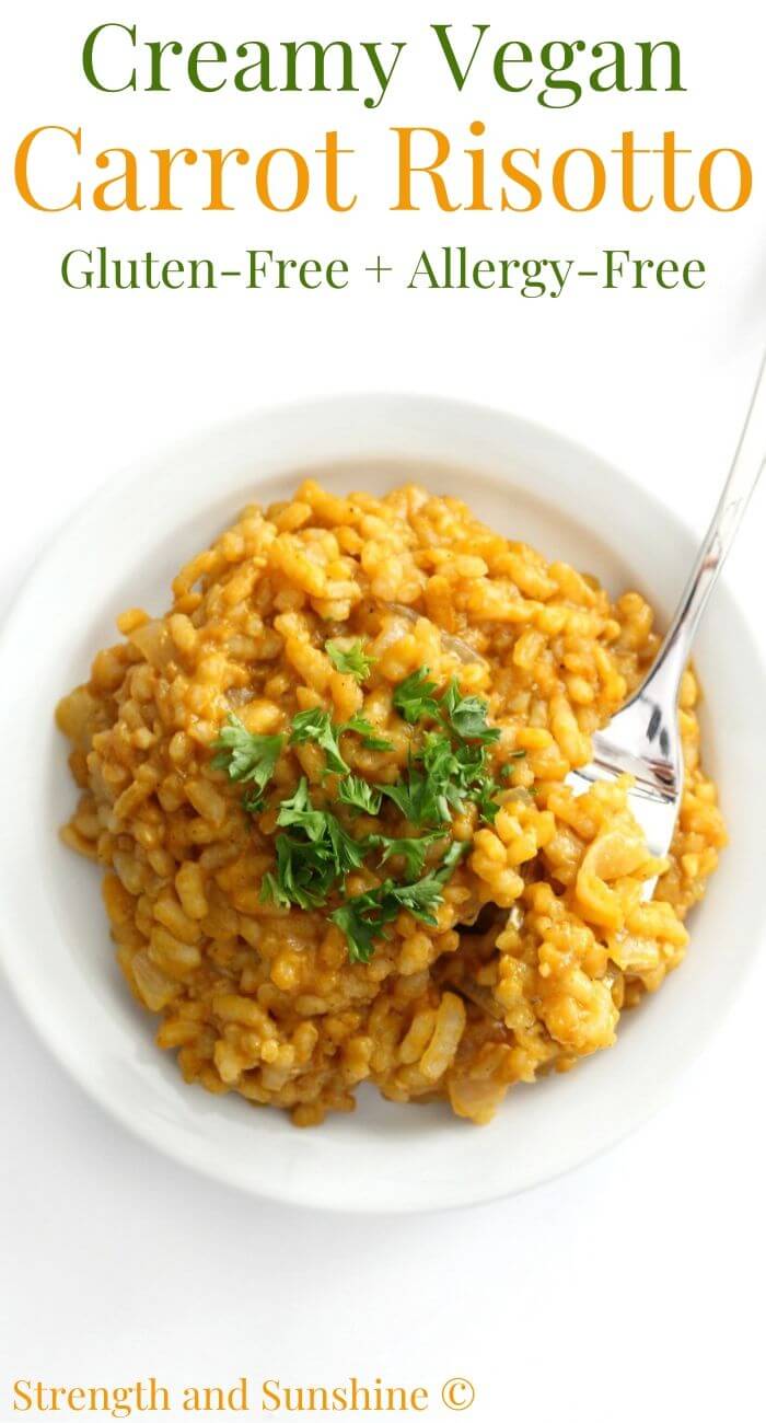 overhead view of vegan carrot risotto on plate image text
