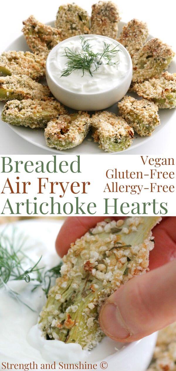collage image of breaded air fryer artichoke hearts with image text