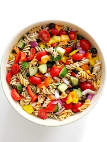overhead view of finished bowl of vegan classic Italian pasta salad