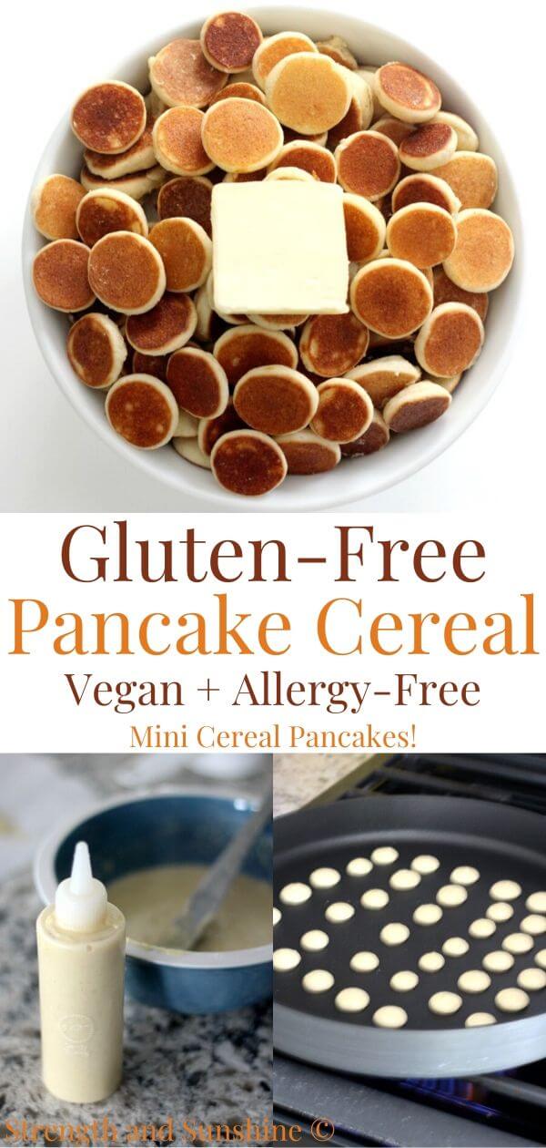 collage image of gluten-free pancake cereal with prep steps
