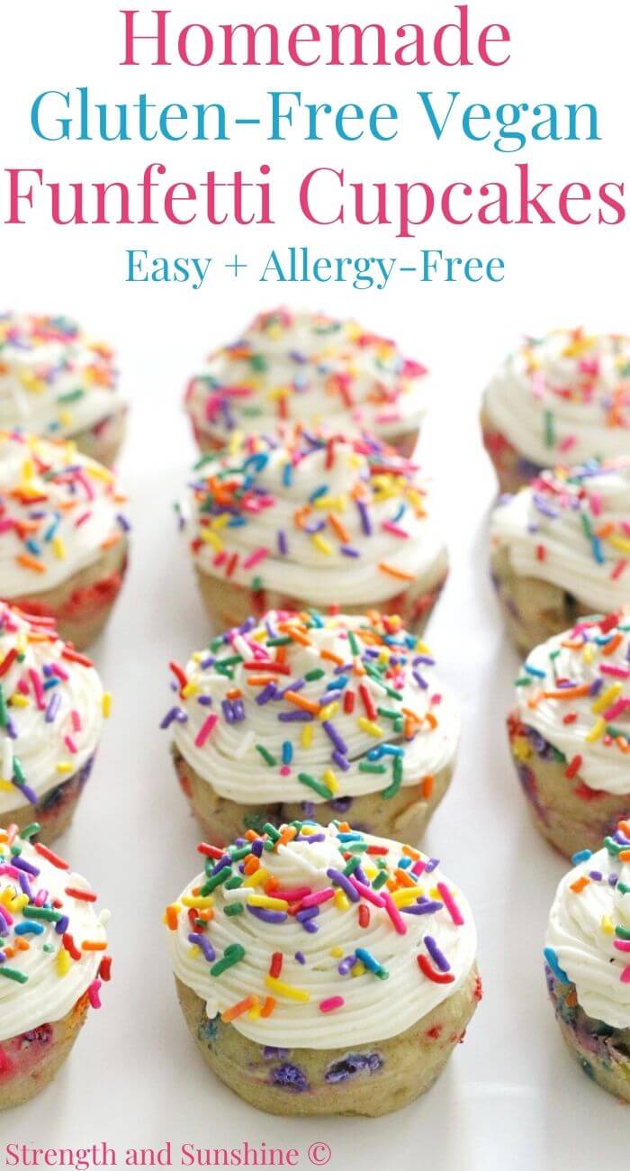 gluten-free funfetti cupcakes lined up in rows with image text