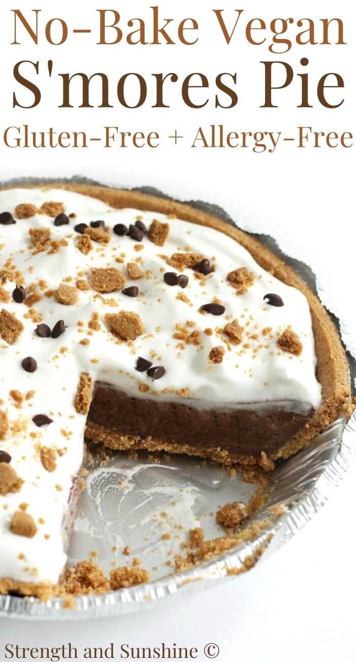 whole no-bake vegan s'mores pie with slice cut out and image text overlay