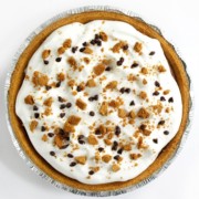 overhead view of finished vegan s'mores pie with toppings