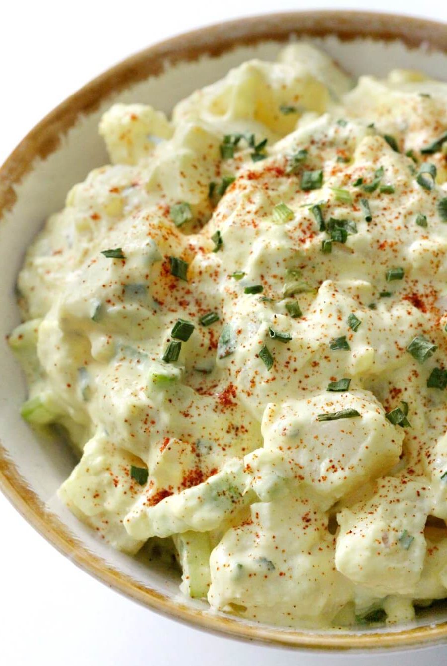 close-up of vegan southern potato salad in bowl