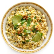 overhead view of bowl of vegan mexican street corn salad