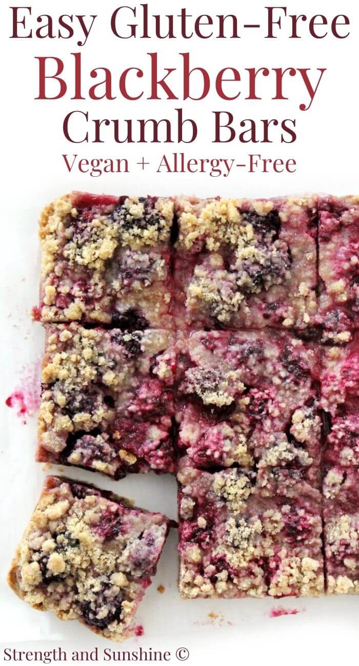 sliced gluten-free blackberry crumb bars with image text
