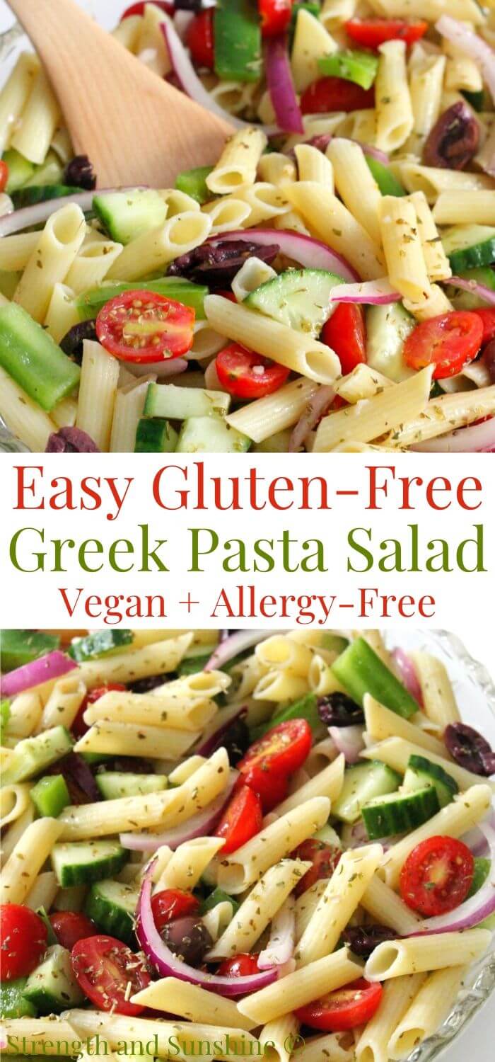 collage image of gluten-free greek pasta salad with image text