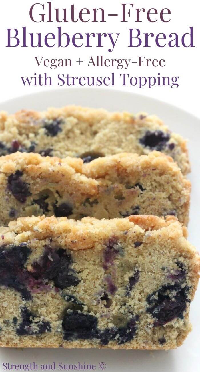 three slices of gluten-free blueberry bread with image text
