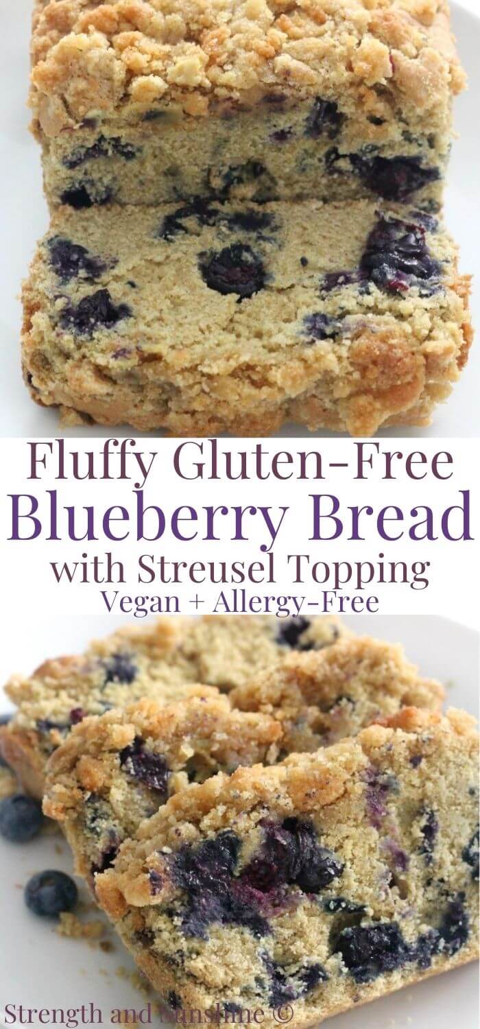 collage image of gluten-free blueberry bread with image text in middle