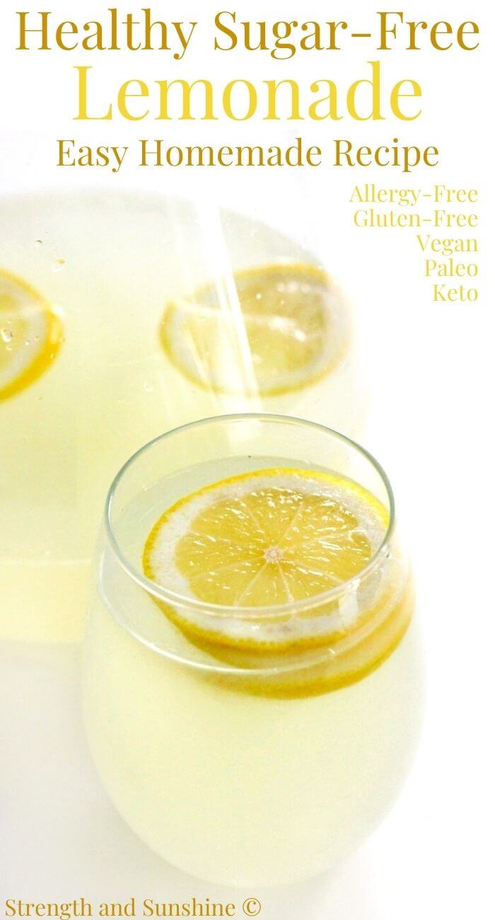 healthy lemonade in glass and pitcher with image text