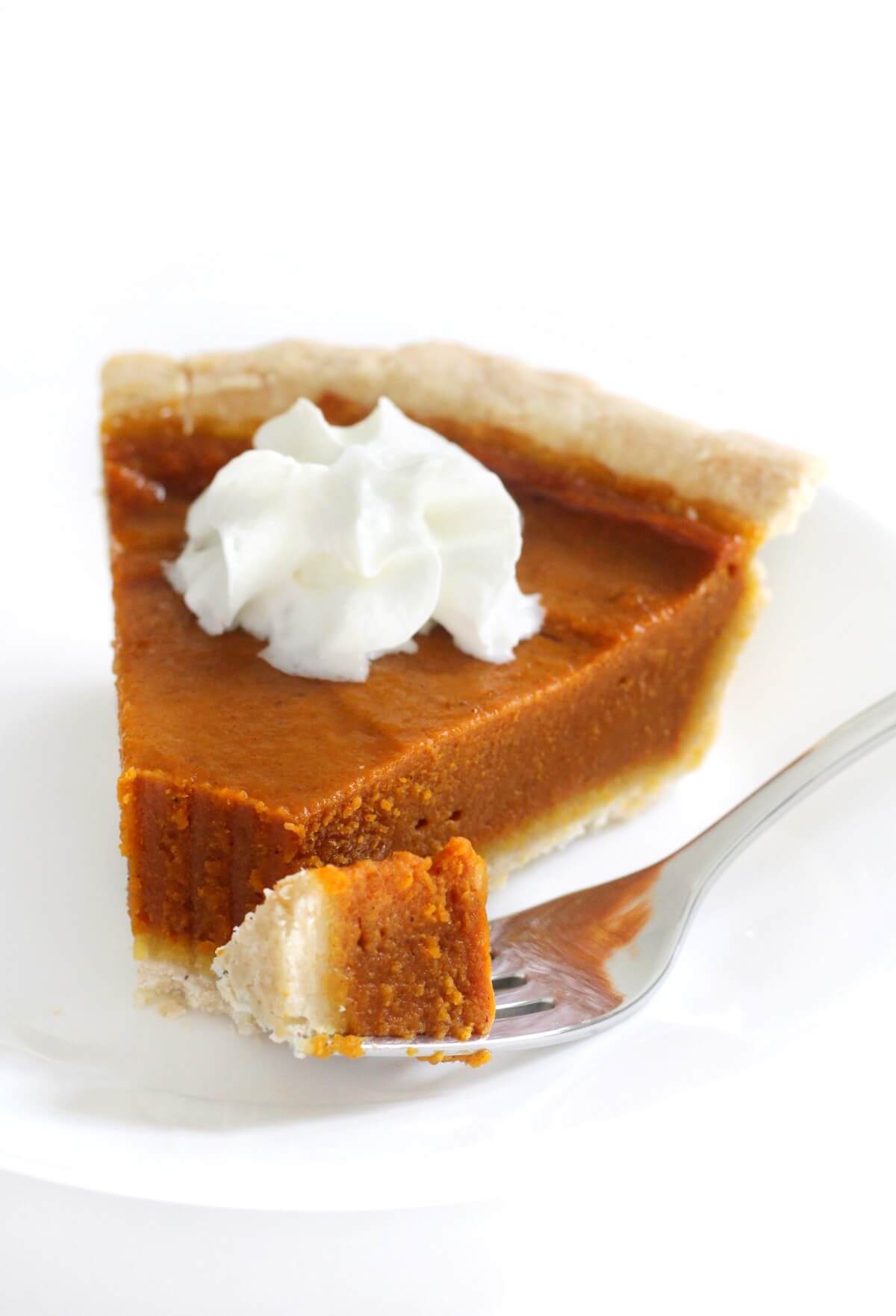 forkful and slice of gluten-free vegan pumpkin pie on plate with whipped cream.