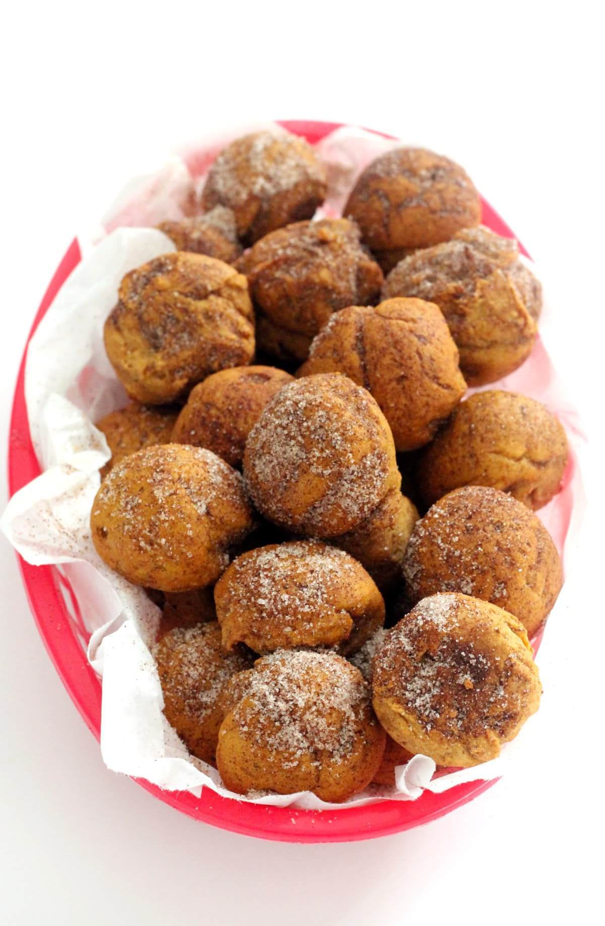 red basket with cinnamon sugar gluten-free donut holes