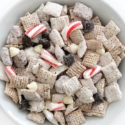white bowl with finished peppermint bark puppy chow