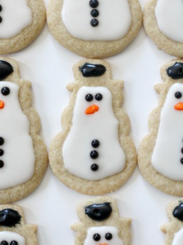 close-up of gluten-free snowman sugar cookie