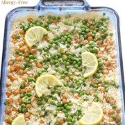 finished lemon chickpea and rice casserole with image text
