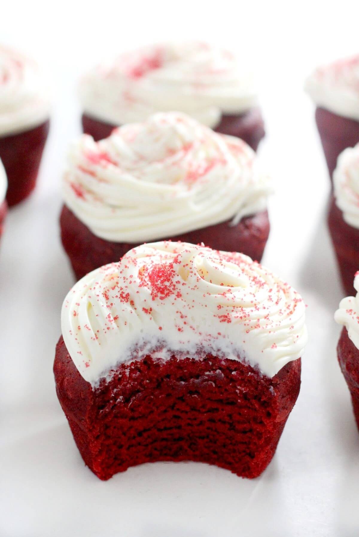 gluten-free red velvet cupcakes lined up in rows
