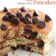 gluten-free chocolate chip pancakes with image text