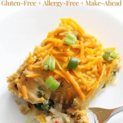 overhead view of easy vegan breakfast casserole on plate with image text