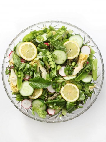 centered overhead view of fresh spring salad with lemon slices in glass bowl