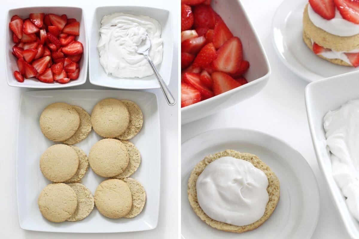 step-by-step assembly process for vegan strawberry shotcakes