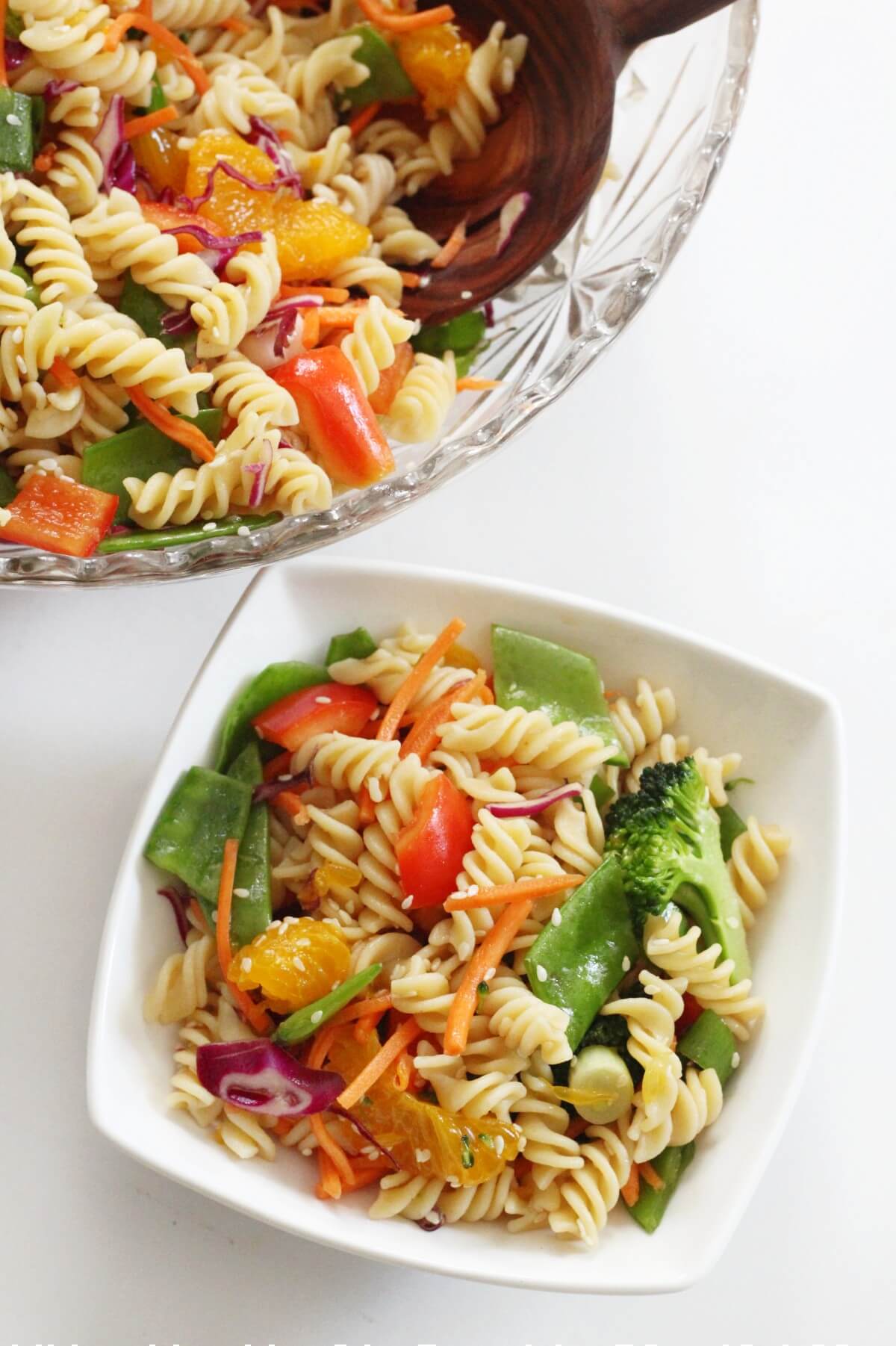 single serving of gluten-free asian pasta salad in white bowl