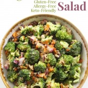 vegan broccoli salad in bowl with image text