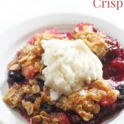 gluten-free blueberry rhubarb crisp with image text